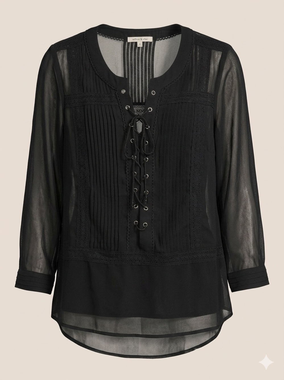 XS NWOT Willow & Clay Black Lace-Up Sheer Pintuck 3/4 Sleeve Top